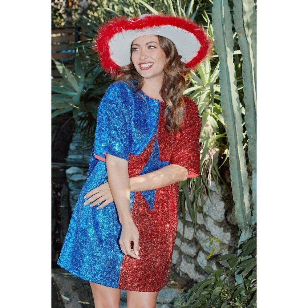 Fantastic Fawn Big Reputation Color Block Sequin Star Dress Red/Blue IFD54232-01 - Picture 7 of 8